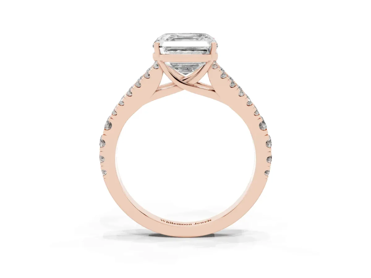 Asscher Cut Diamond Split Shank Pavé Engagement Ring with Four-Prong Setting Rose gold