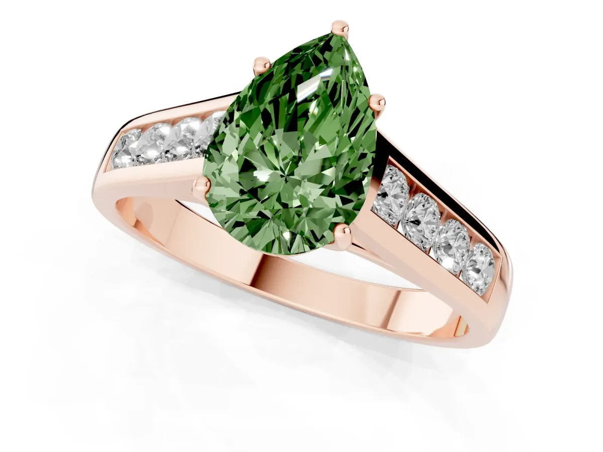 Fancy Green Pear Cut Solitaire Channel-Set Diamond Engagement Ring with Four-Prong Setting Rose gold