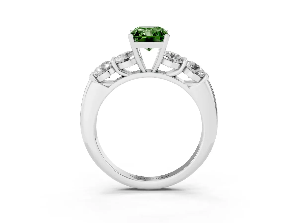Fancy Green Radiant Cut Cut Five-Stone Prong Set Diamond Ring with Classic Band Silver