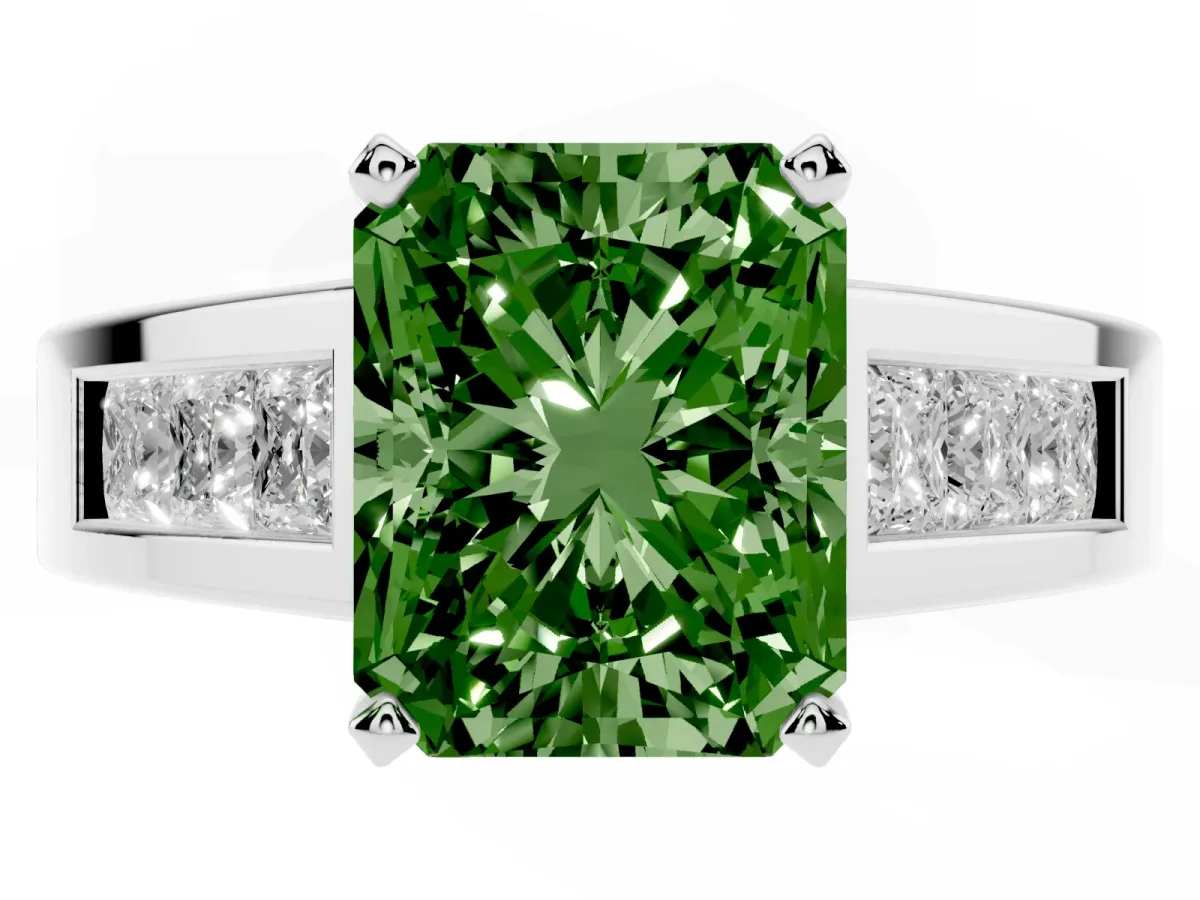 Fancy Green Radiant Cut Cut Channel Set Solitaire Ring with Four-Prong Setting Silver