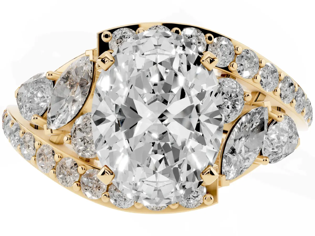 Oval Cut Diamond Halo Ring with Marquise and Pavé Band in Prong Setting Yellow gold