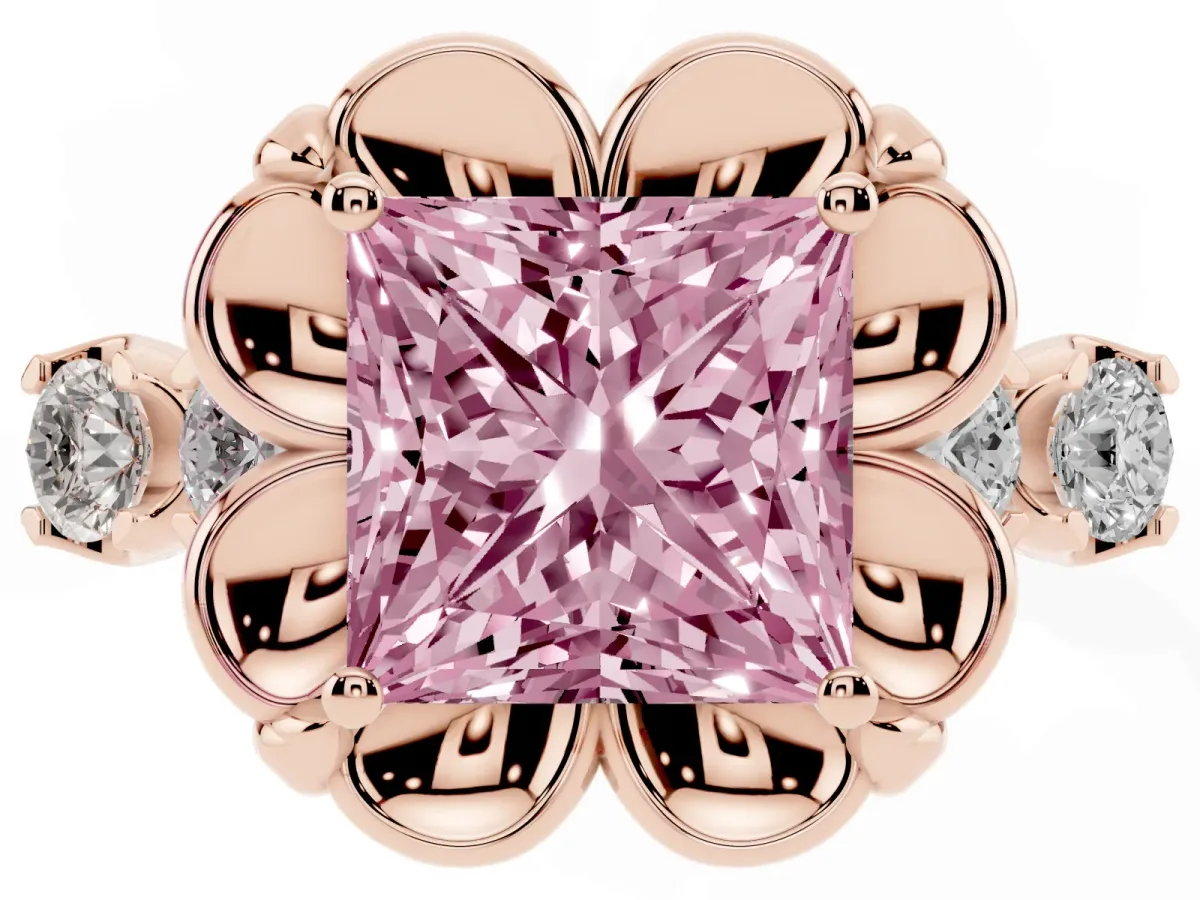 Fancy Pink Princess Cut Cut Diamond Floral Halo Engagement Ring with Shared Prong Setting Rose gold