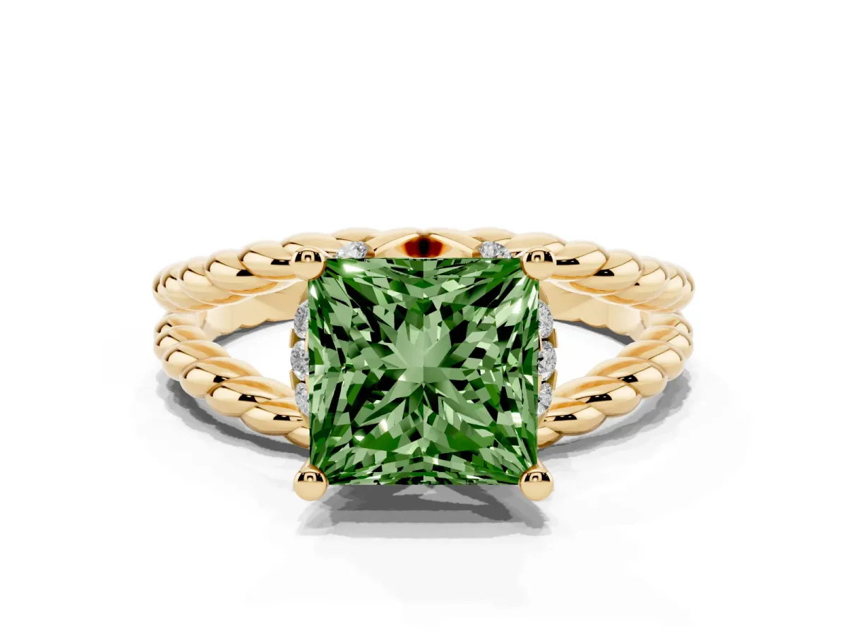 Fancy Green Princess Cut Halo Twisted Band Four-Prong Ring Yellow gold