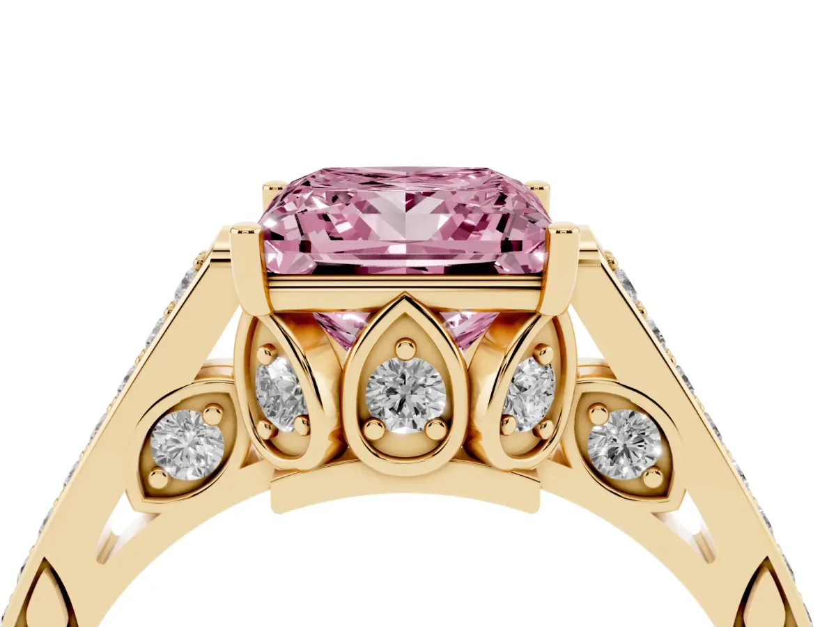 Fancy Pink Princess Cut Cut Cathedral Pave Diamond Engagement Ring with Six-Prong Setting Yellow gold