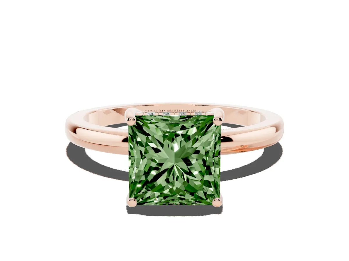 Fancy Green Princess Cut Solitaire Diamond Ring with Prong Setting and Plain Band Rose gold