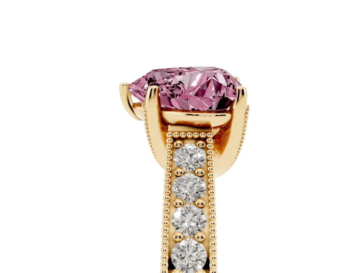 Fancy Pink Heart Cut Cut Diamond Solitaire Ring with Milgrain Pave Band and Four Prong Setting Yellow gold