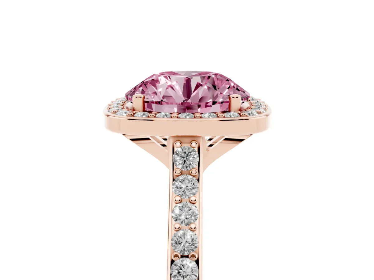 Fancy Pink Round Cut Diamond Halo Engagement Ring with Round Pavé Shoulders and Prong Setting Rose gold