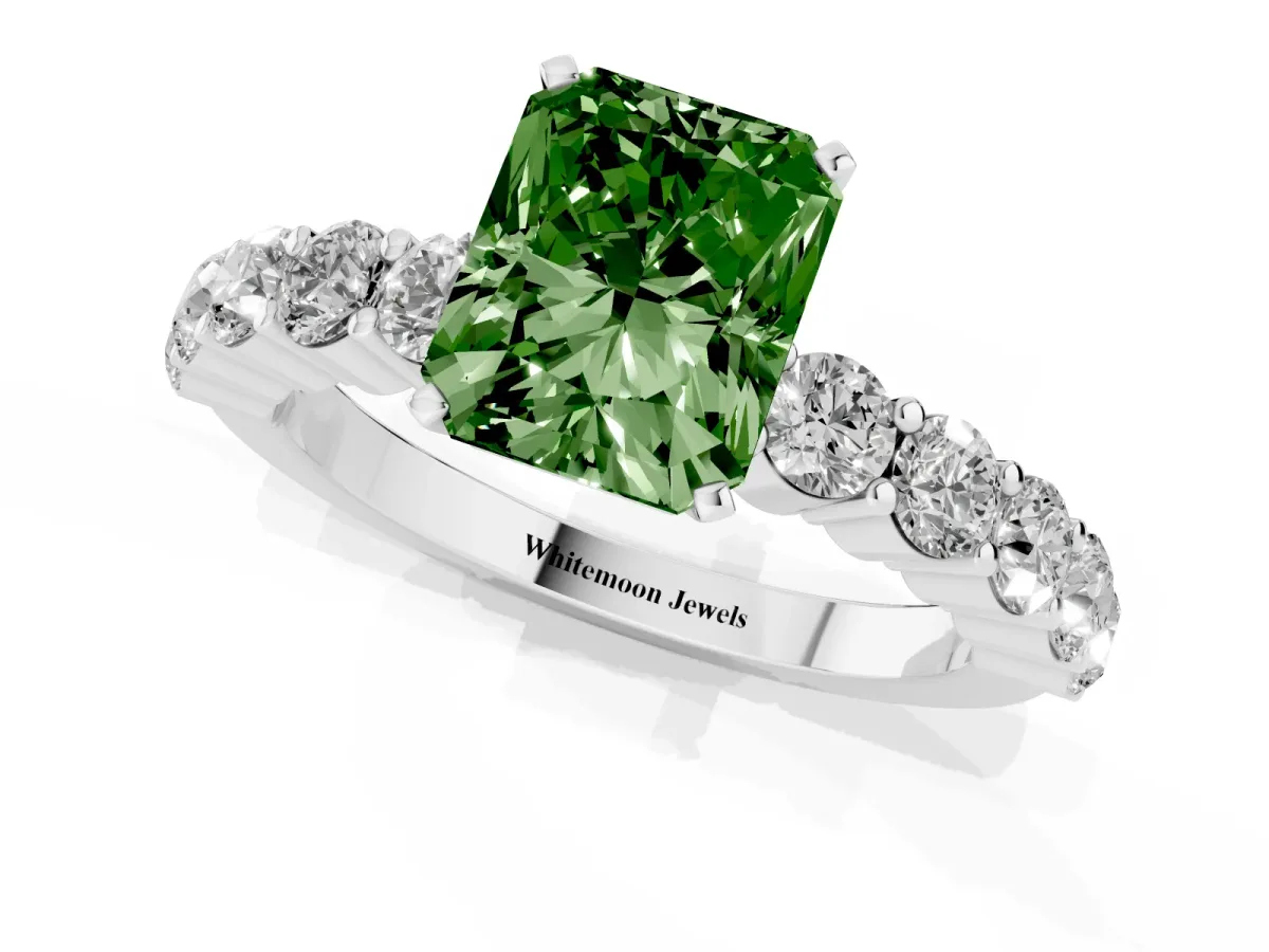 Fancy Green Radiant Cut Diamond Solitaire Ring with Shared Prong Round Side Stones Silver