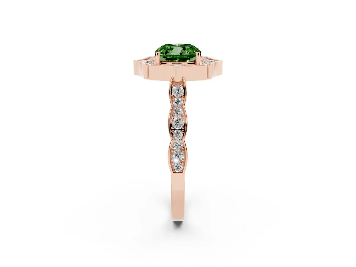 Fancy Green Cushion Cut Halo Diamond Engagement Ring with Milgrain Band and Four-Prong Setting Rose gold