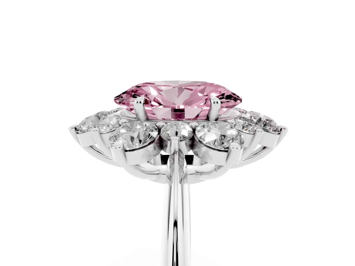 Fancy Pink Oval Cut Diamond Cluster Halo Ring with Solitaire Band and Four-Prong Setting Silver