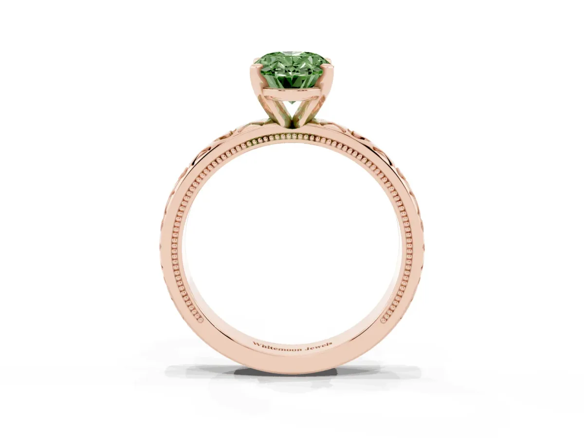 Fancy Green Oval Cut Solitaire Diamond Engagement Ring with XO Engraved Band and Four-Prong Setting Rose gold