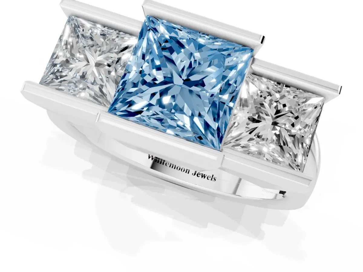 Fancy Blue Three Stone Princess Cut Cut Channel Set Diamond Ring Silver