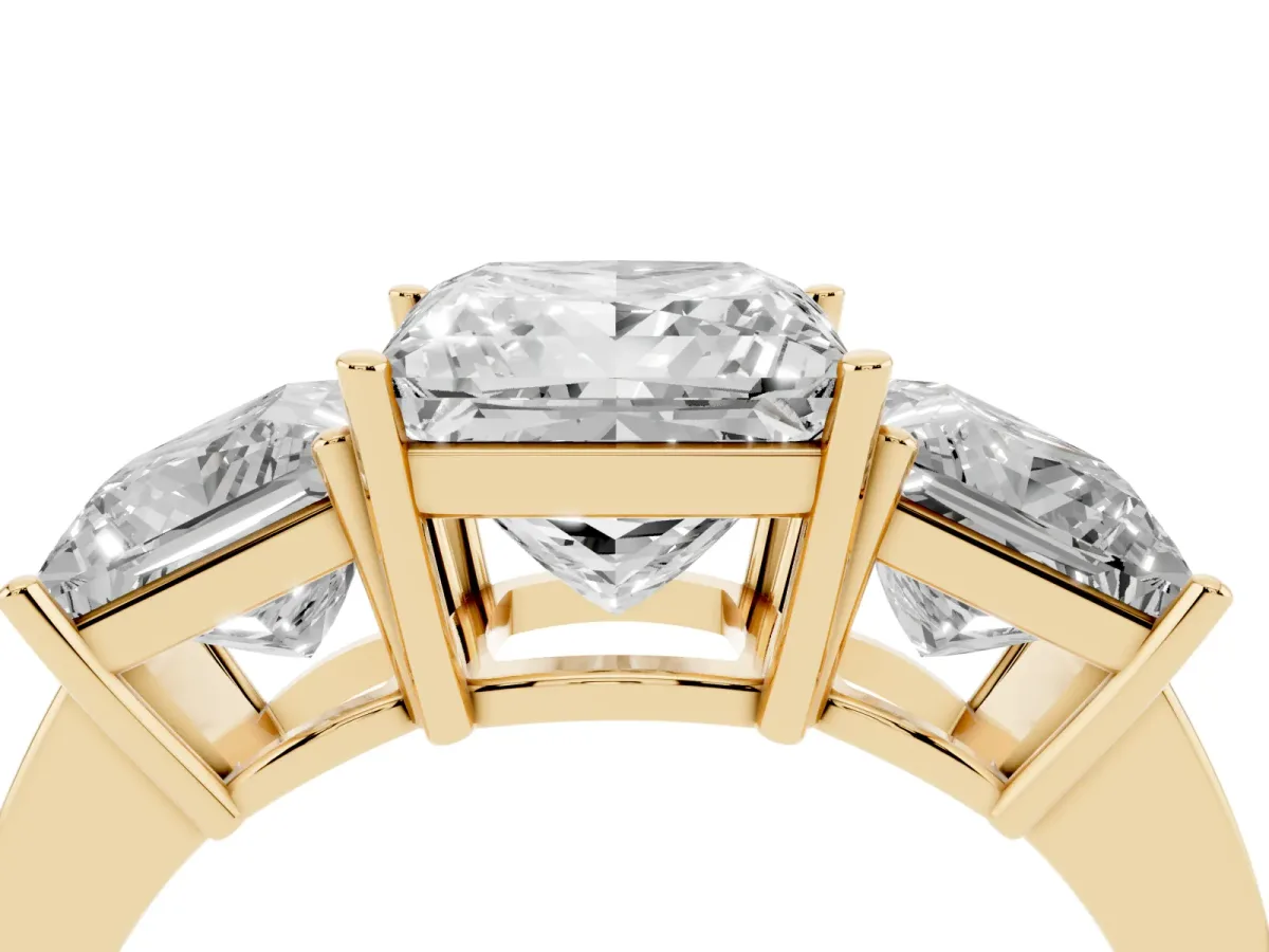 Three-Stone Princess Cut Cut Diamond Engagement Ring with Flat Band and Four-Prong Setting Yellow gold