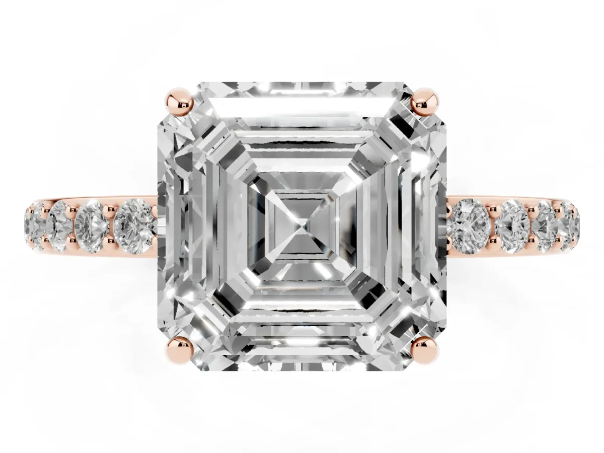 Asscher Cut Diamond Solitaire Ring with Round Pavé Shoulders and Prong Setting Rose gold