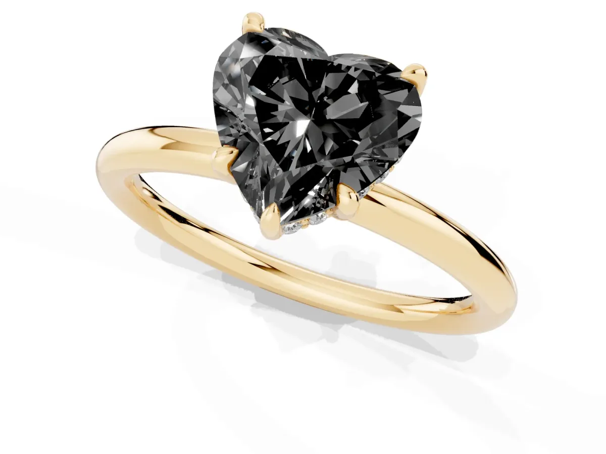 Fancy Black Heart Cut Diamond Solitaire Ring with Thin Band and Four-Prong Setting Yellow gold