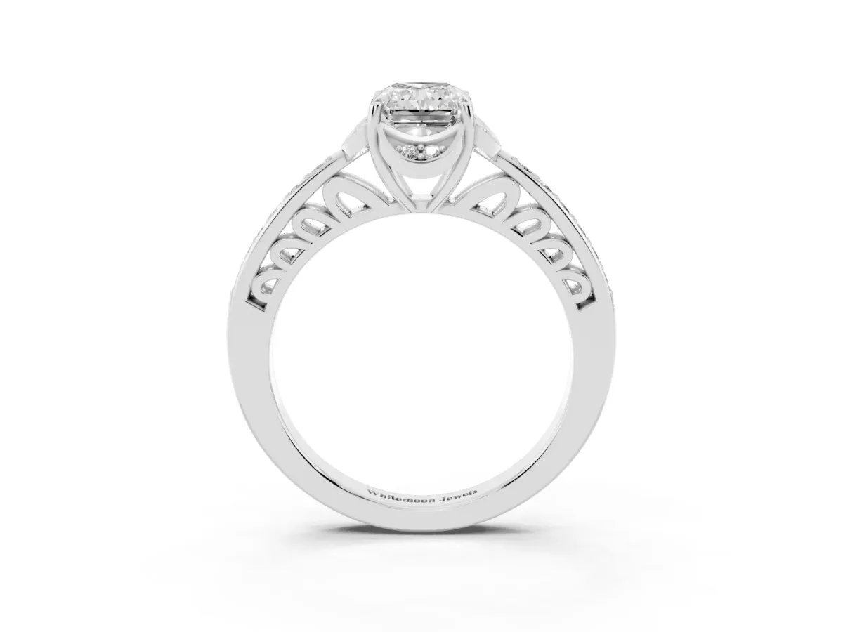 Radiant Cut Cut Halo Diamond Ring with Channel Set Band and Four-Prong Setting White gold