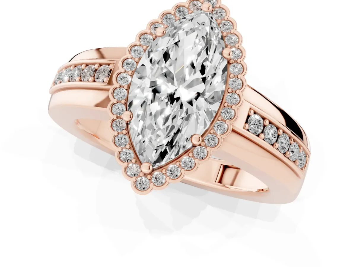 Marquise Cut Cut Halo Pave Band Four-Prong Ring Rose gold