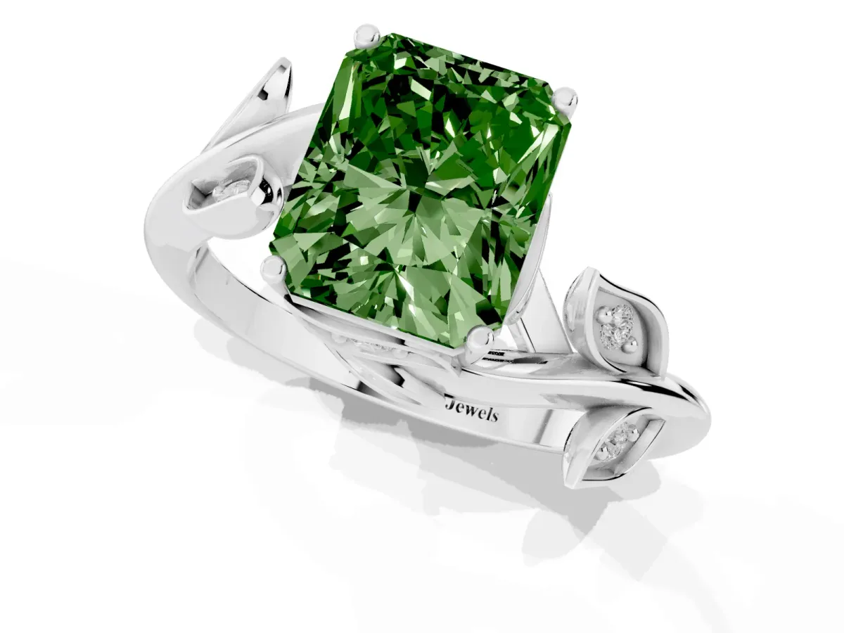 Fancy Green Radiant Cut Solitaire Twist Engagement Ring with Leaf Accents and Prong Setting Silver