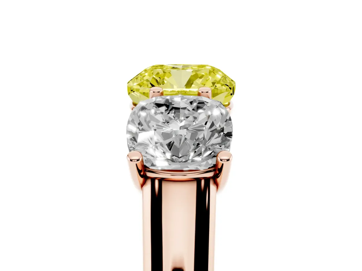 Fancy Yellow Cushion Cut Three-Stone Diamond Ring with Prong Setting on a Classic Band Rose gold