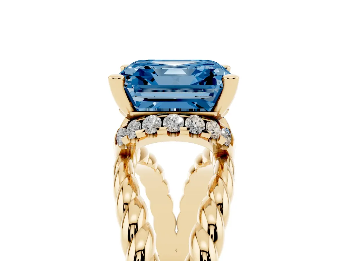Fancy Blue Asscher Cut Halo Twisted Band Four-Prong Ring Yellow gold