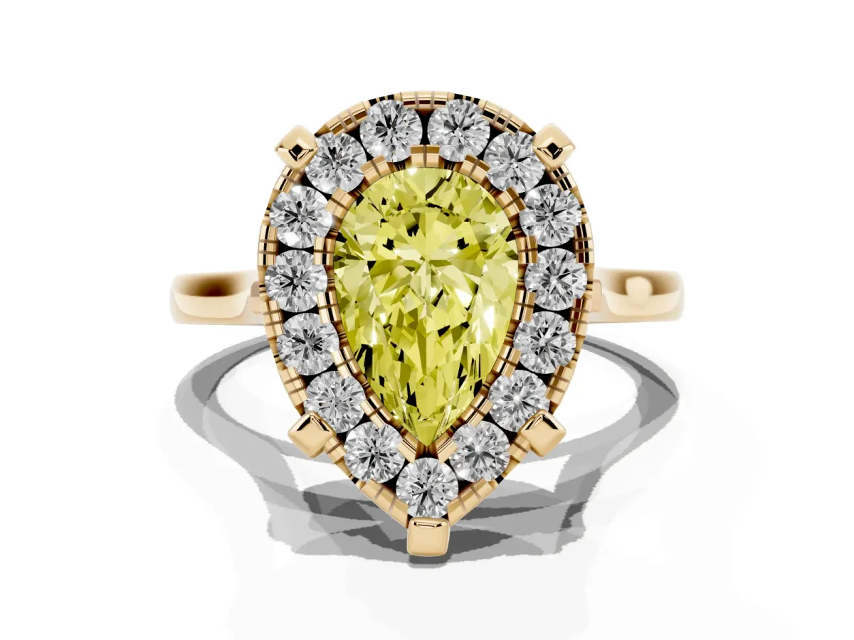 Fancy Yellow Pear Cut Diamond Cluster Halo Solitaire with Four-Prong Setting Yellow gold