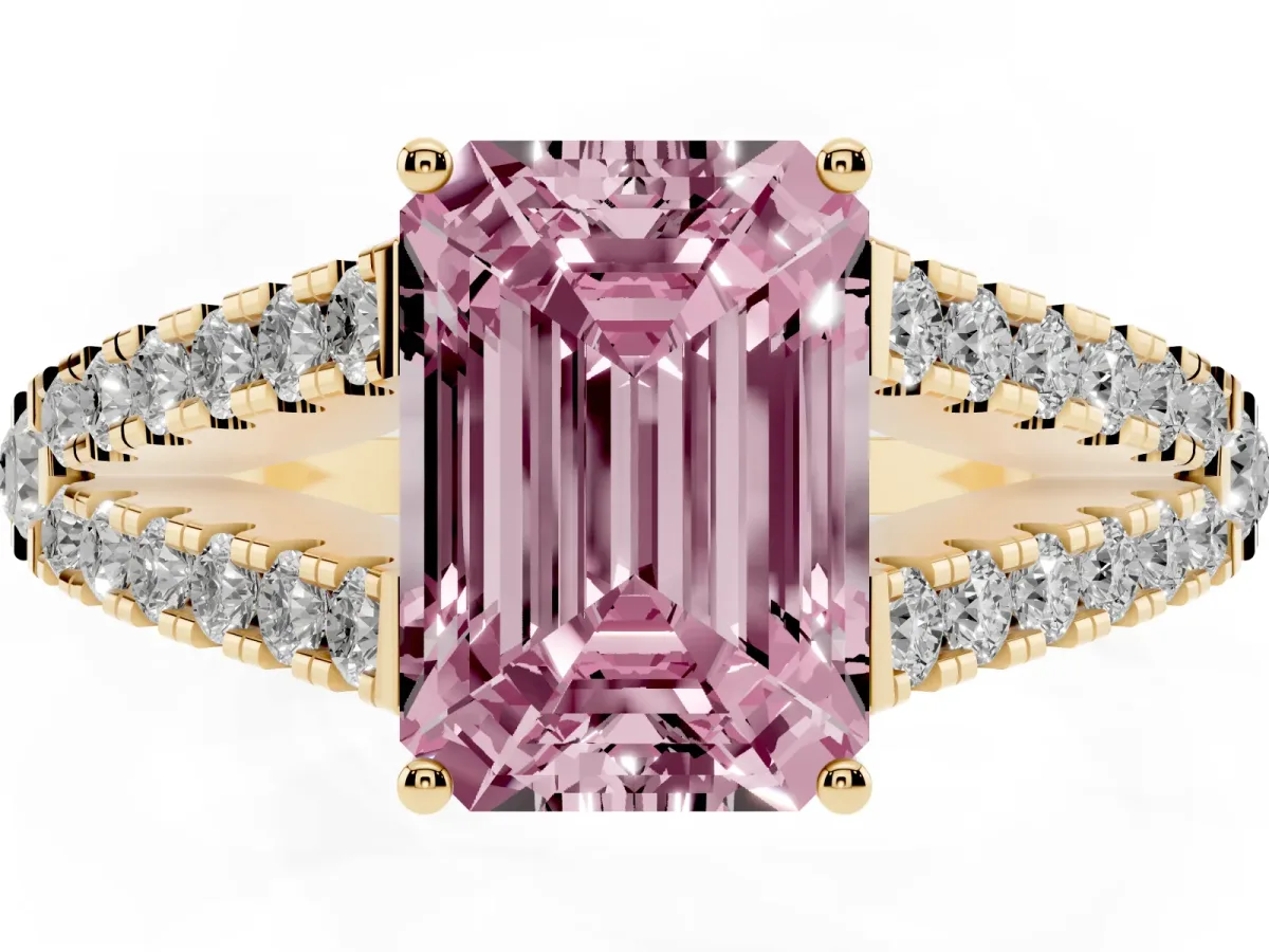 Fancy Pink Emerald Cut Diamond Split Shank Pavé Engagement Ring with Four-Prong Setting Yellow gold