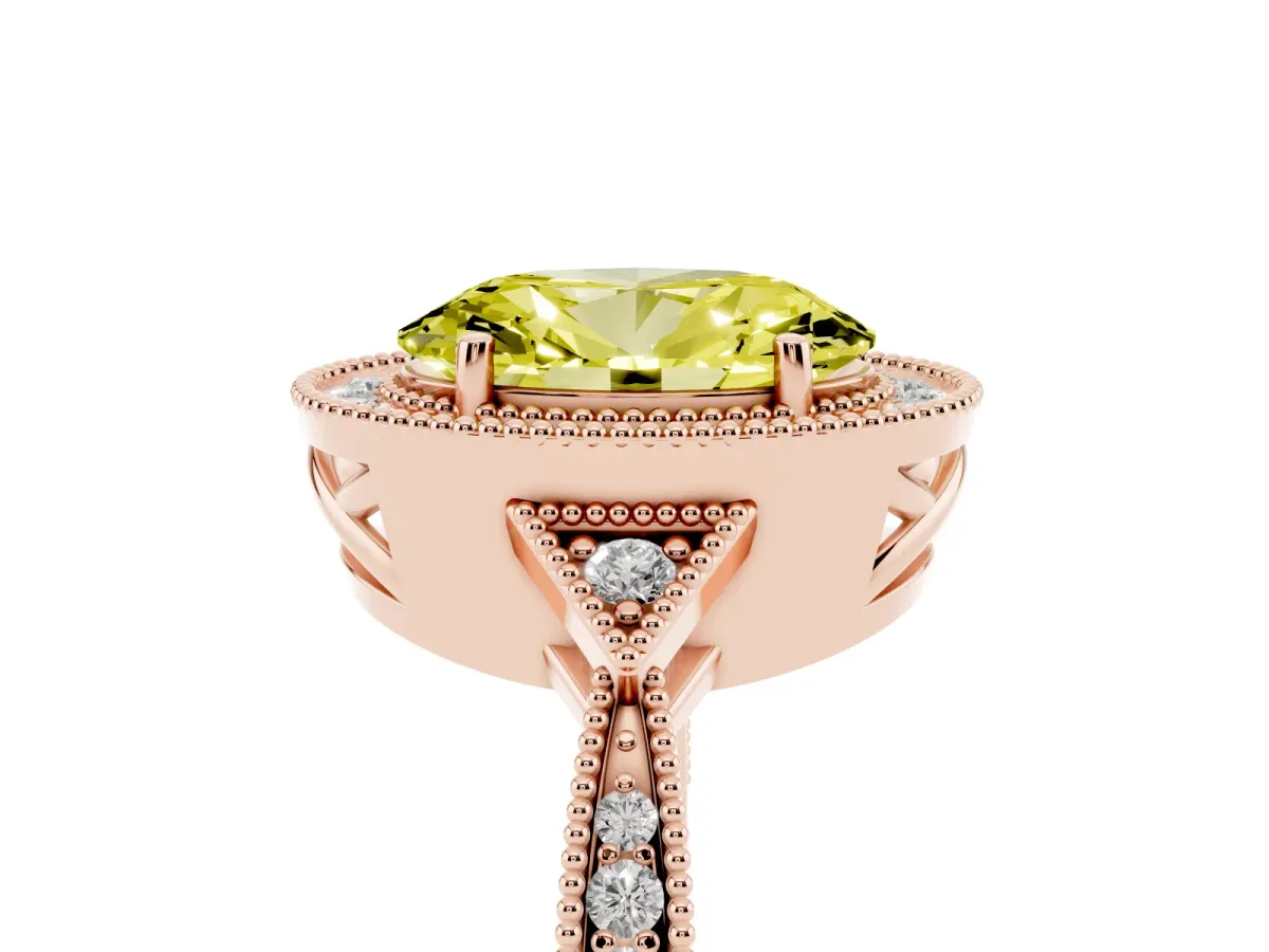 Fancy Yellow Oval Cut Halo Round Diamond Milgrain Pave Engagement Ring Rose gold