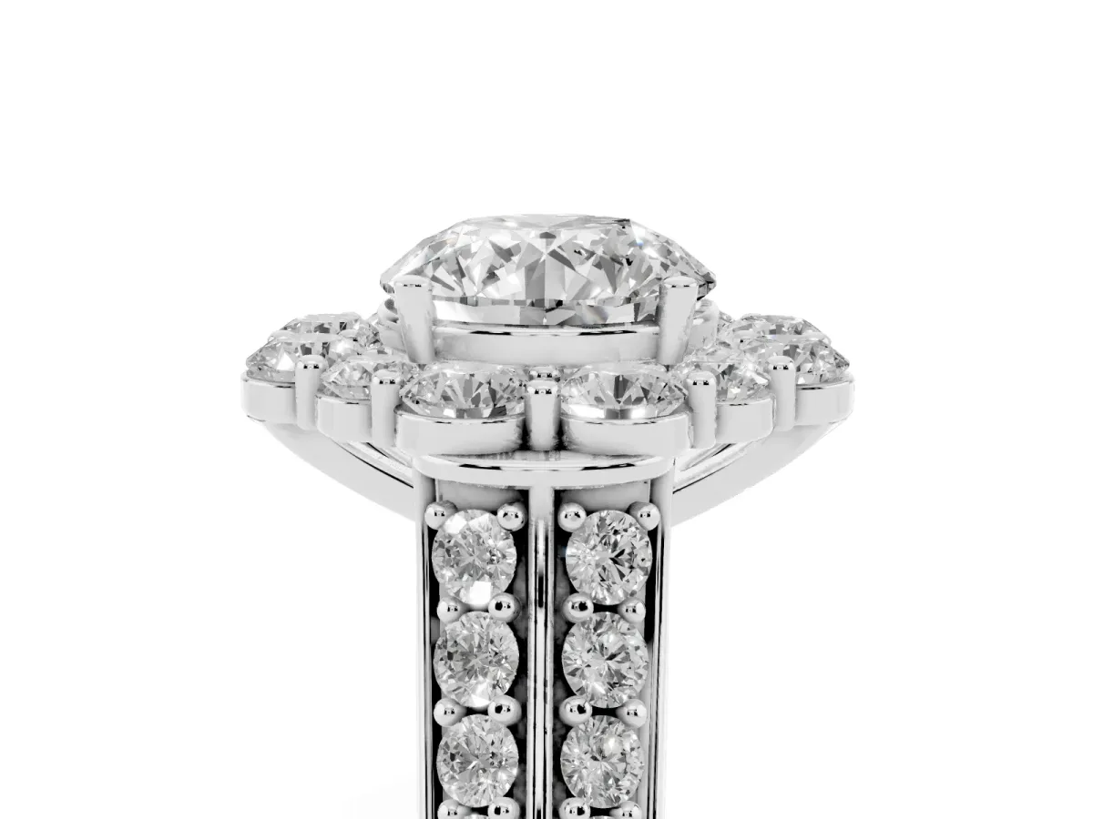 Round Cut Halo Diamond Engagement Ring with Split Shank and Prong Setting Silver