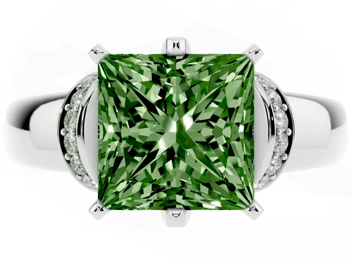 Fancy Green Princess Cut Solitaire Diamond Ring with Pave Band and Six-Prong Setting Platinum