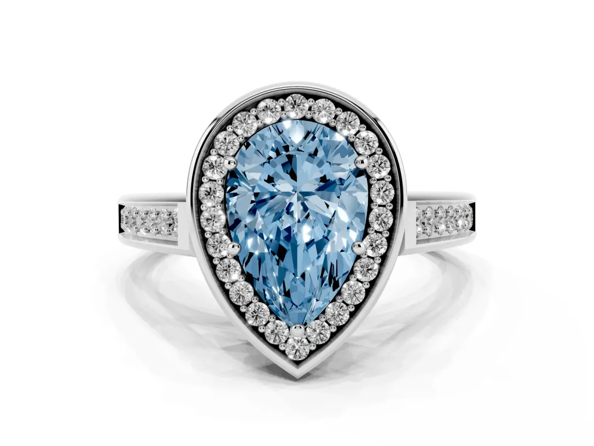 Fancy Blue Pear Cut Halo Solitaire Diamond Ring with Pave Band and Bezel Setting Silver