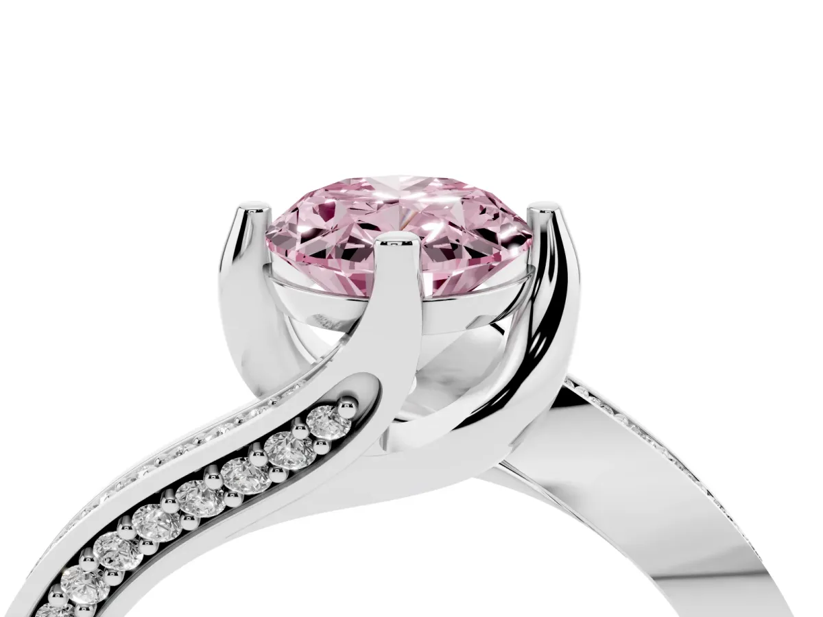 Fancy Pink Oval Cut Solitaire Diamond Twist Band with Pavé Setting and Four-Prong Setting Silver
