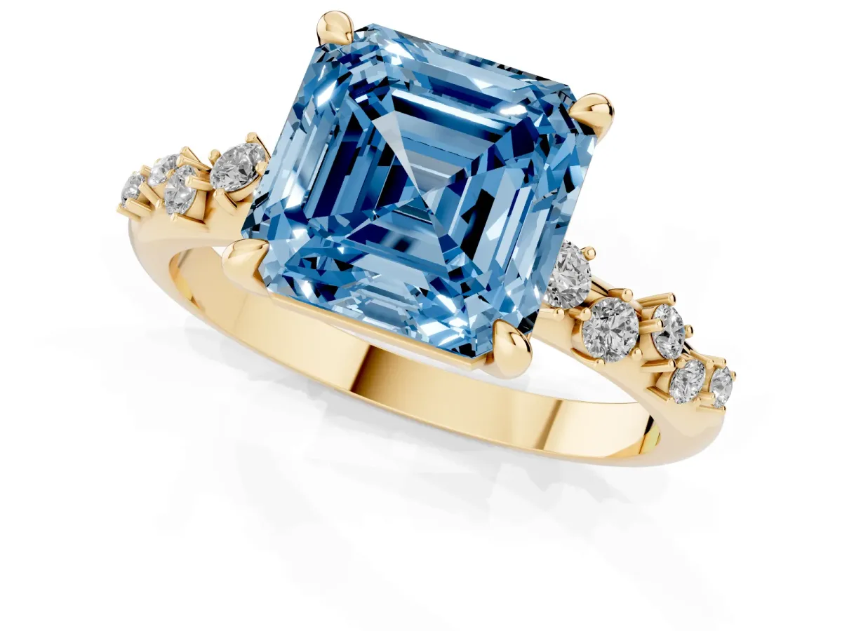 Fancy Blue Asscher Cut Cut Diamond Vine Band with Four-Prong Setting Yellow gold