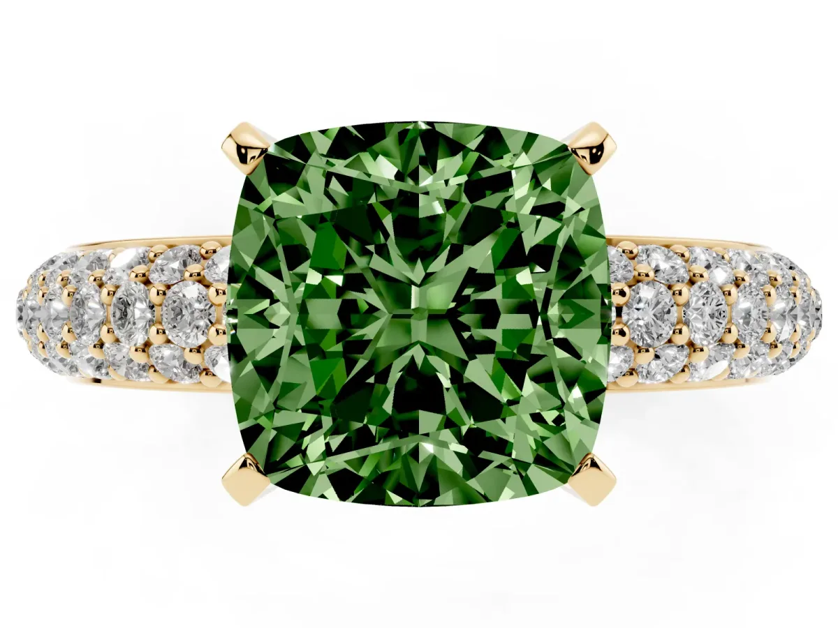 Fancy Green Cushion Cut Diamond Solitaire Ring with Prong Setting and Pavé Band Yellow gold