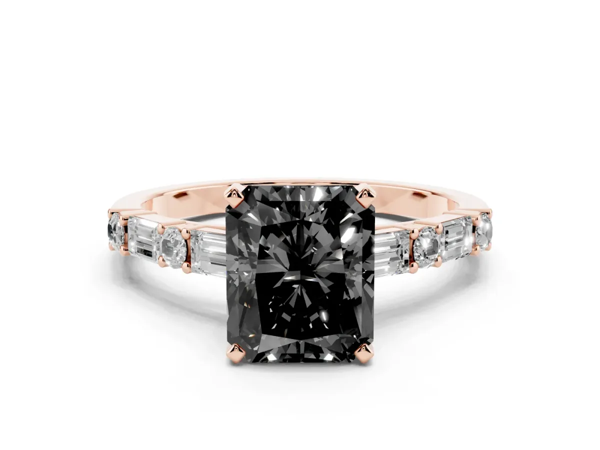 Fancy Black Radiant Cut Diamond Solitaire with Side Baguettes and Channel Set Band Rose gold