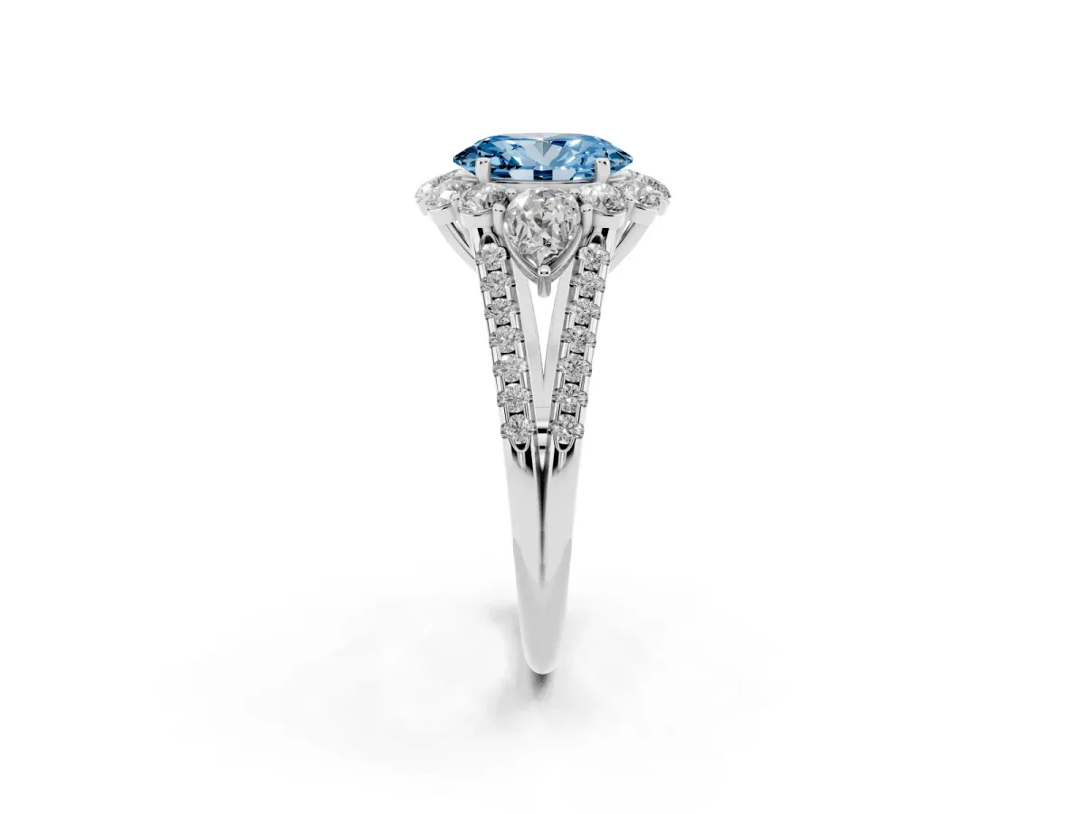 Fancy Blue Oval Cut Halo Split Shank Diamond Engagement Ring with Prong Setting Platinum