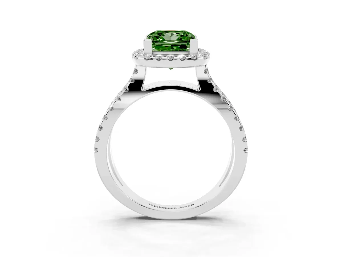Fancy Green Princess Cut Diamond Halo Ring with Split Shank Pavé Band and Prong Setting Silver