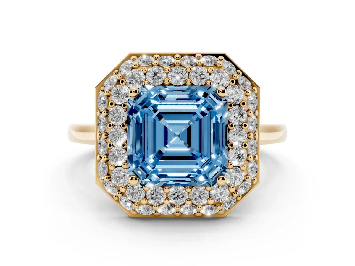 Fancy Blue Asscher Cut Halo Diamond Engagement Ring with Solitaire Band and Four-Prong Setting Yellow gold