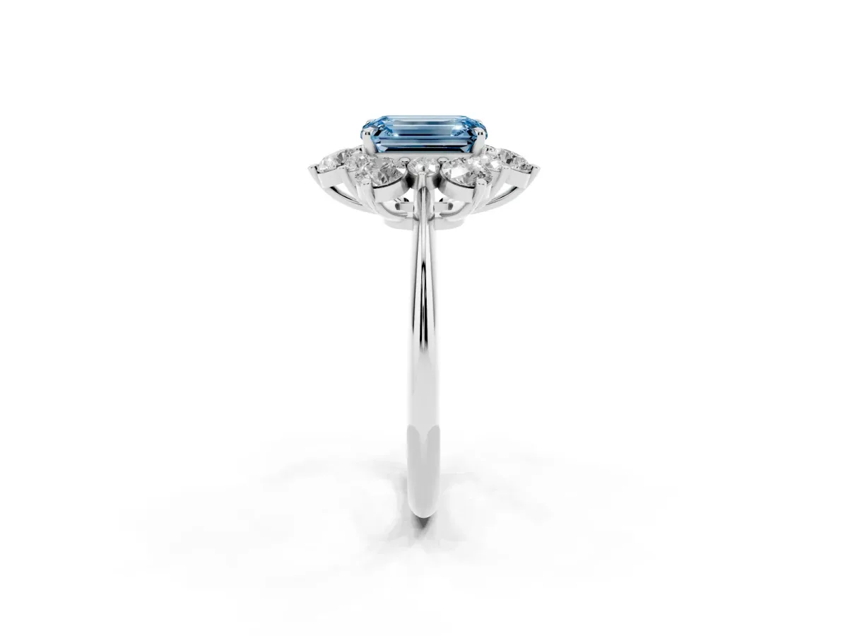 Fancy Blue Emerald Cut Diamond Cluster Halo Ring with Solitaire Band and Four-Prong Setting Silver