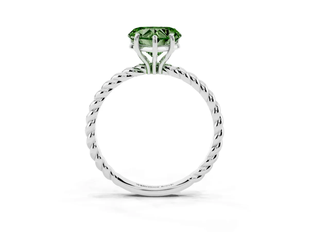 Fancy Green Heart Cut Solitaire Twist Band Ring with Four-Prong Setting Silver