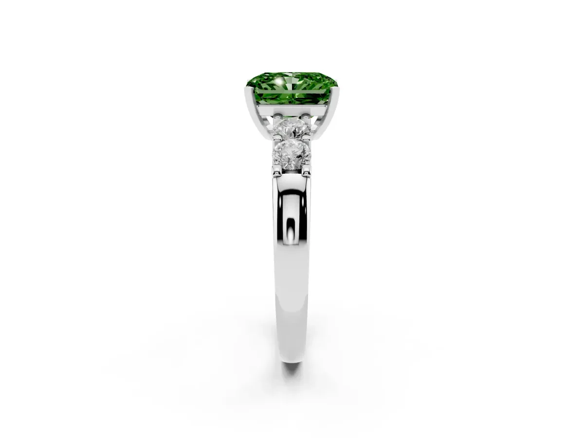 Fancy Green Radiant Cut Brilliant Cut Diamond Five-Stone Prong Set Engagement Ring with Channel Band Platinum