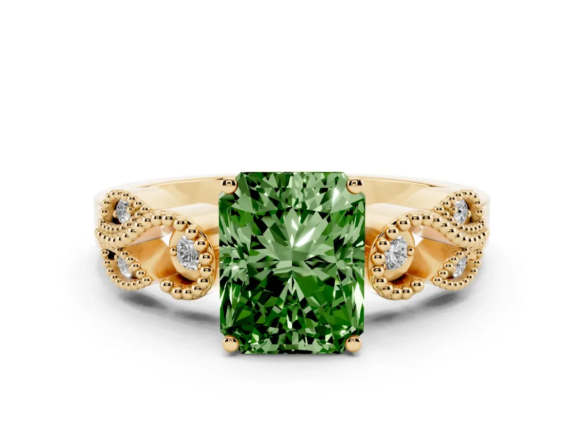 Fancy Green Princess Cut Solitaire Milgrain Leaf Band with Prong Setting Yellow gold