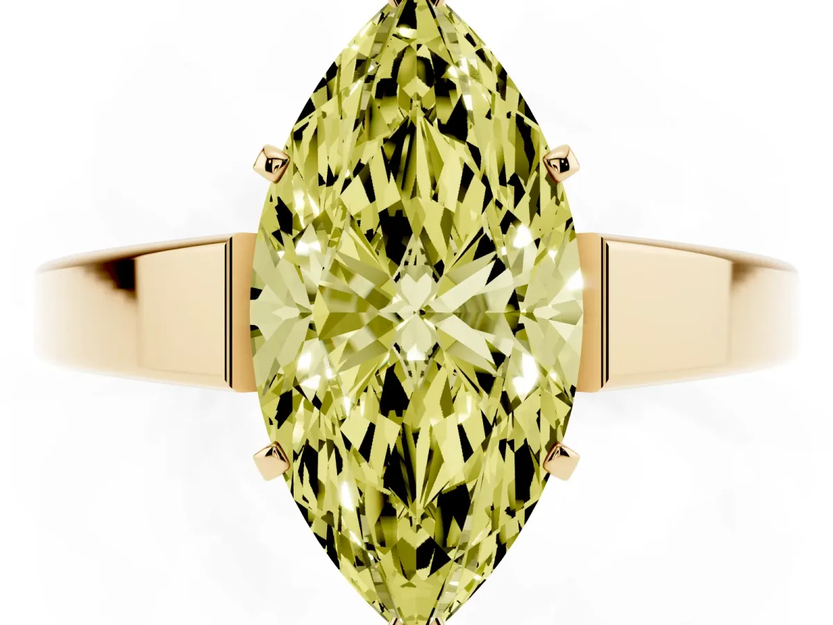 Fancy Yellow Marquise Cut Solitaire Engagement Ring with Four-Prong Setting and Tapered Band Yellow gold