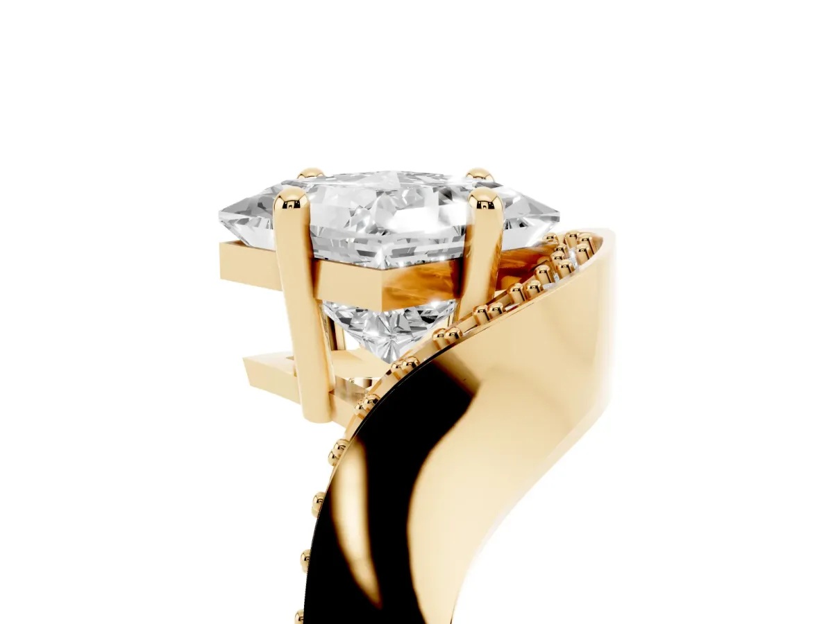 Princess Cut Solitaire Diamond Engagement Ring with Pave Band and Four-Prong Setting Yellow gold