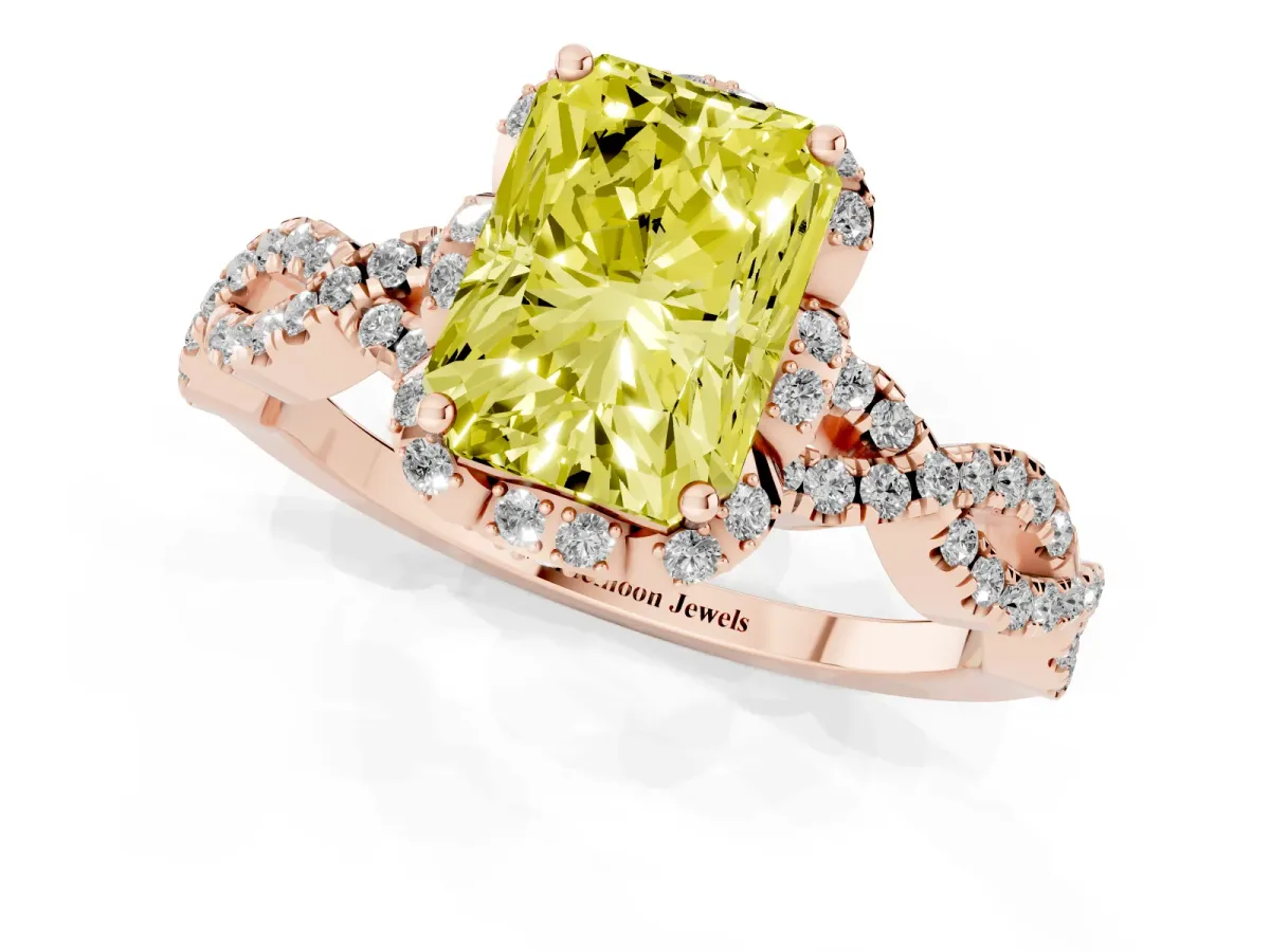 Fancy Yellow Radiant Cut Halo Twist Band Solitaire Ring with Six-Prong Setting Rose gold