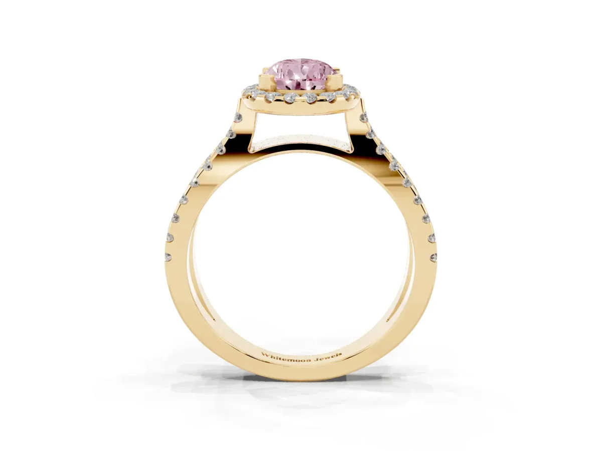 Fancy Pink Pear Cut Diamond Halo Ring with Split Shank Pavé Band and Prong Setting Yellow gold