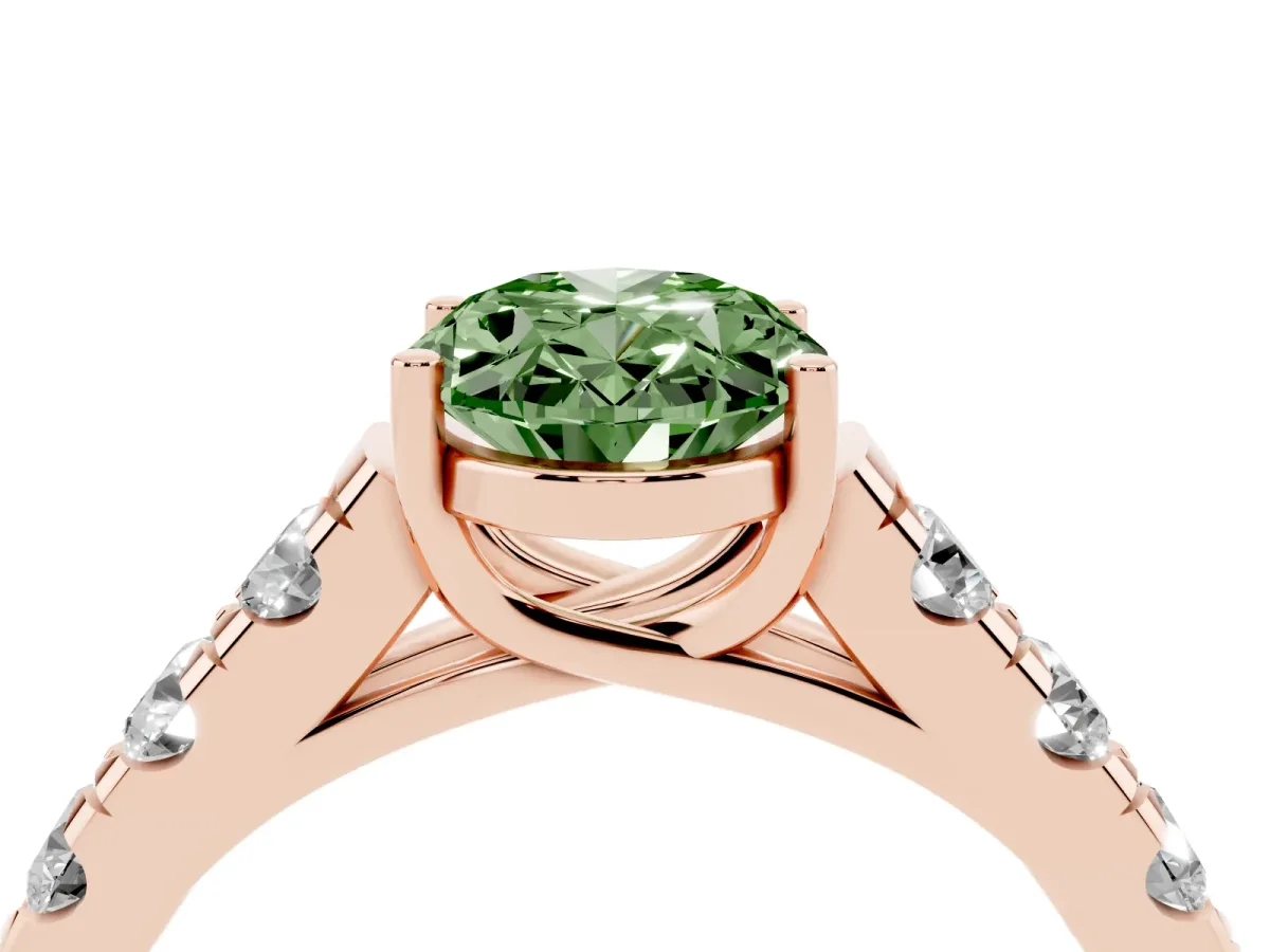 Fancy Green Oval Cut Cut Diamond Solitaire Ring with Micro Pave Band and Prong Setting Rose gold