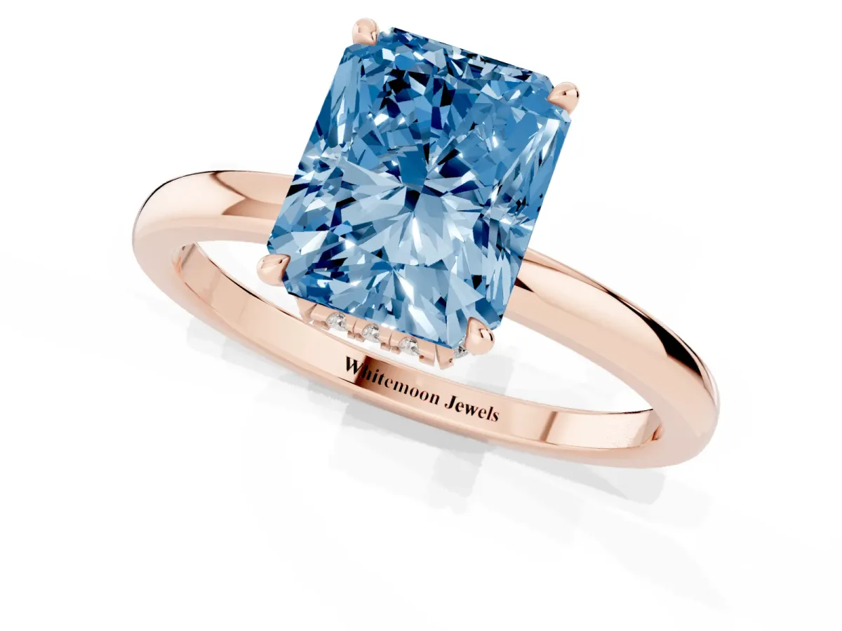 Fancy Blue Radiant Cut Solitaire Engagement Ring with Cathedral Band and Four-Prong Setting Rose gold