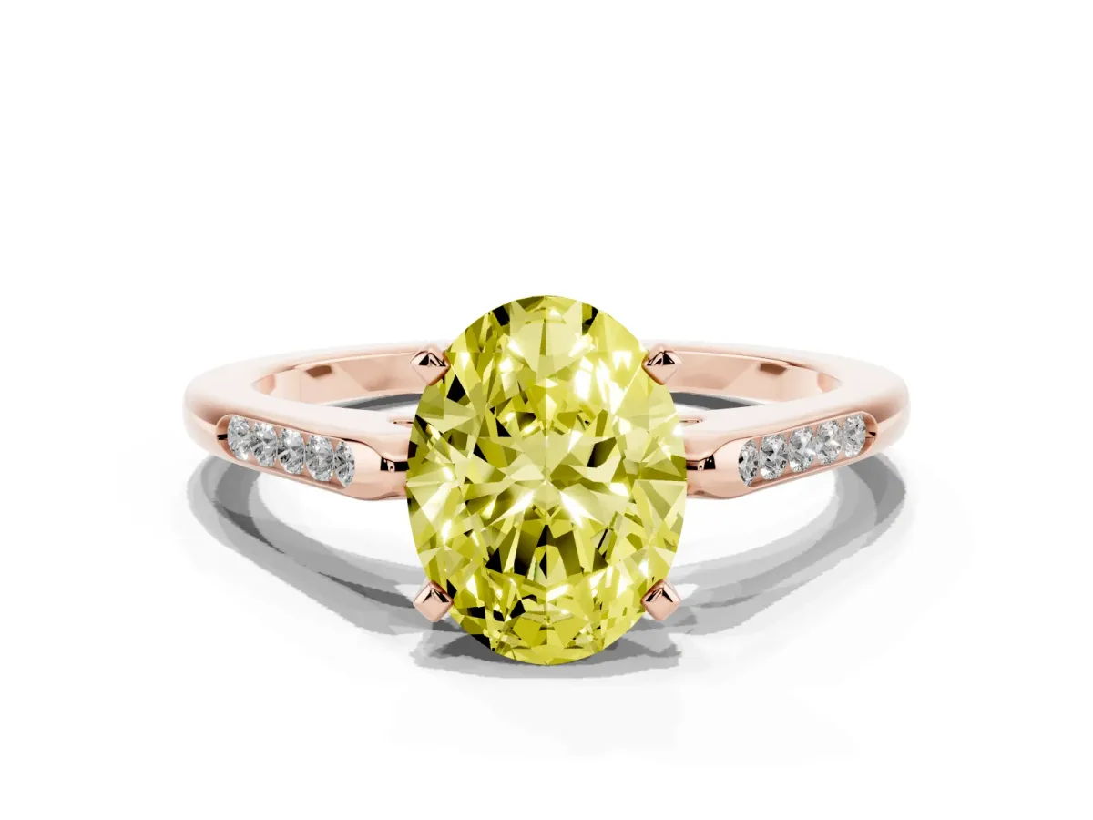 Fancy Yellow Oval Cut Diamond Solitaire Ring with Channel Set Round Band and Prong Setting Rose gold