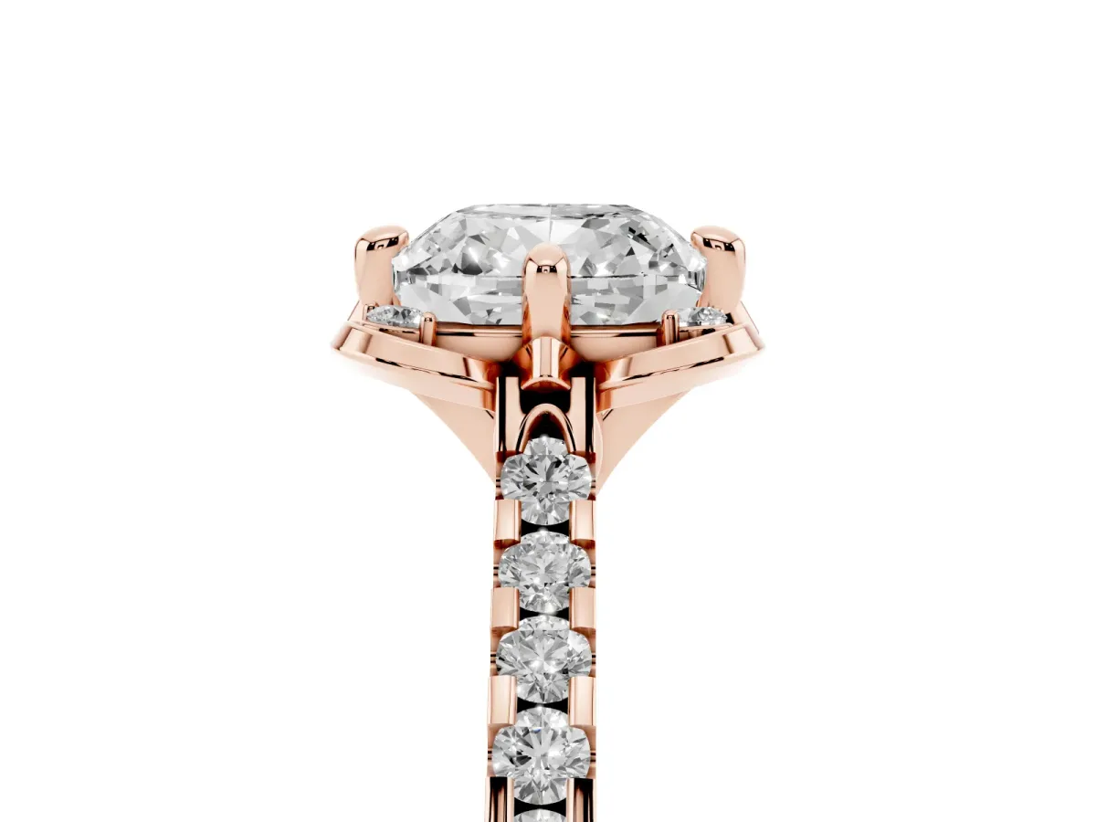 Cushion Cut Diamond Ring with Pavé Band and Floral Prong Setting Rose gold