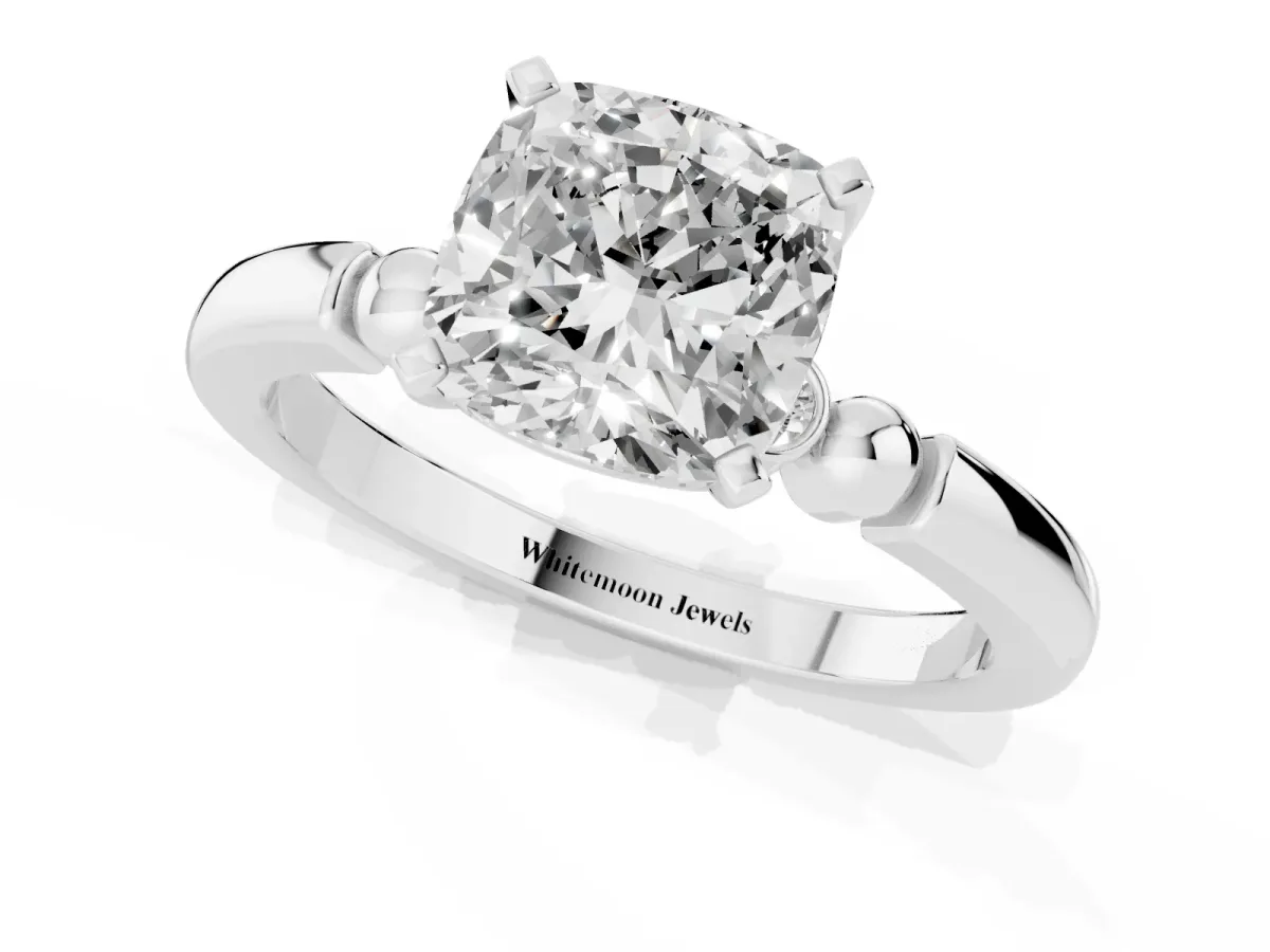 Cushion Cut Solitaire Beaded Band with Four-Prong Setting Silver